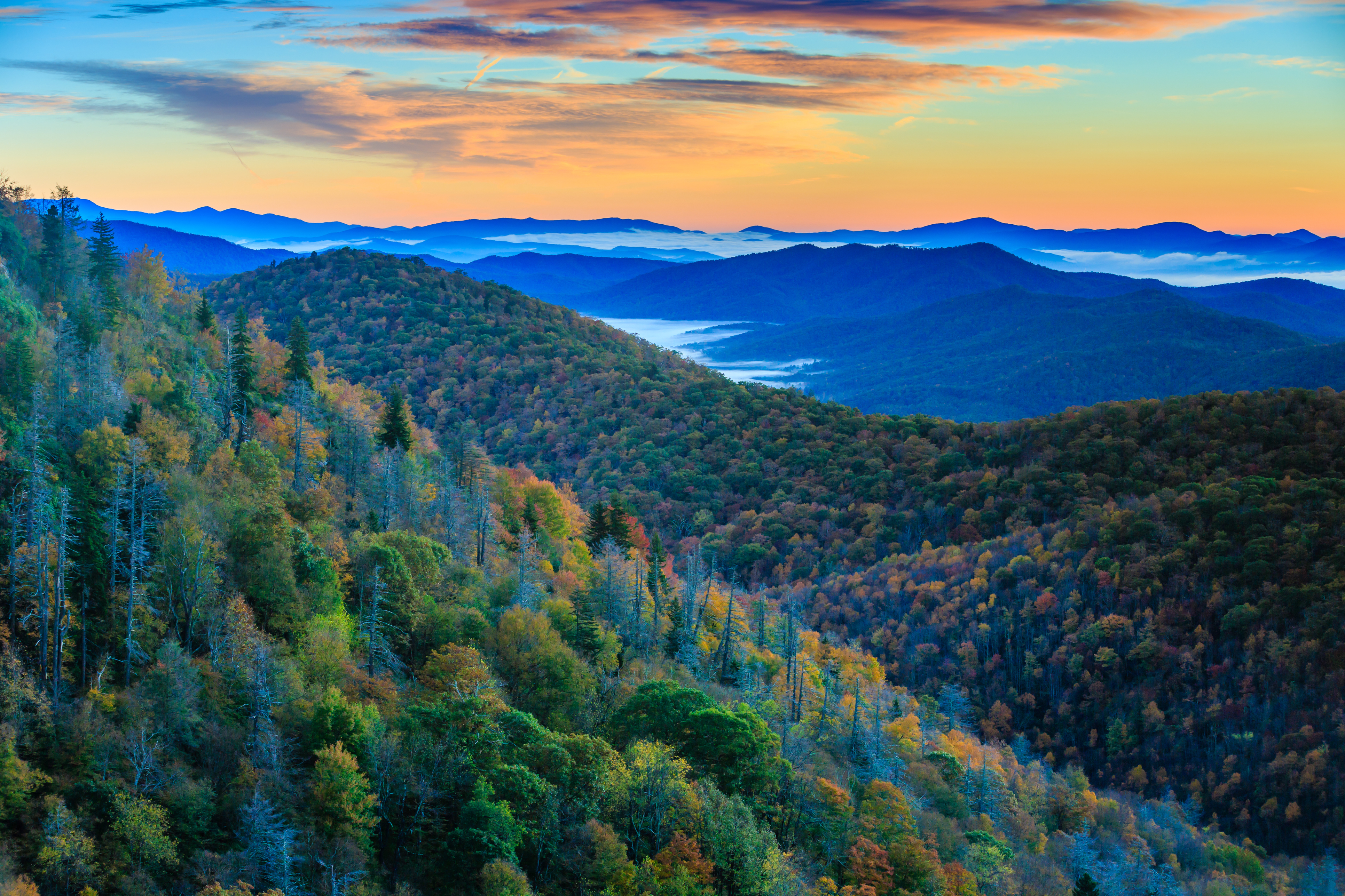 Sunrise over the Blue Ridge Mountains with fall foliage
